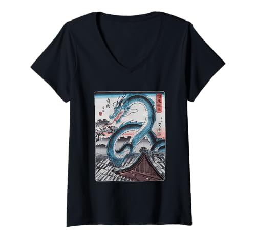 Damen Japanische Kaiju Tshirt Monster Art Men Jungen Kinder T-Shirt mit V-Ausschnitt von Japanisch Shirt Ukiyo-e Art Kaiju Monster