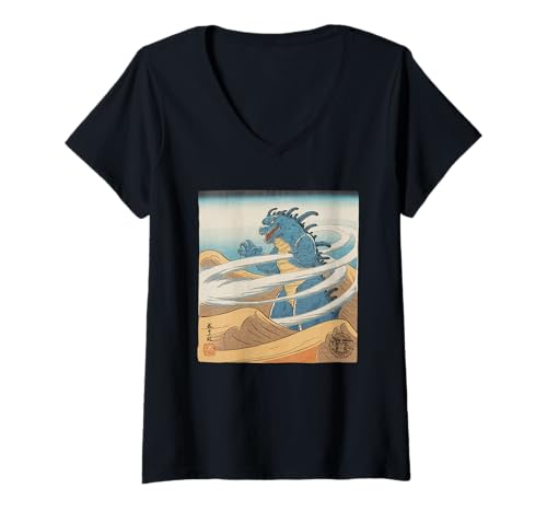 Damen Japanische Kaiju Tshirt Monster Art Men Jungen Kinder T-Shirt mit V-Ausschnitt von Japanisch Shirt Ukiyo-e Art Kaiju Monster