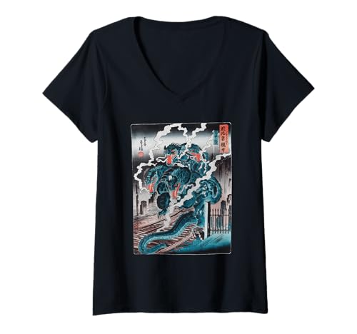Damen Japanische Kaiju Tshirt Monster Art Men Jungen Kinder T-Shirt mit V-Ausschnitt von Japanisch Shirt Ukiyo-e Art Kaiju Monster
