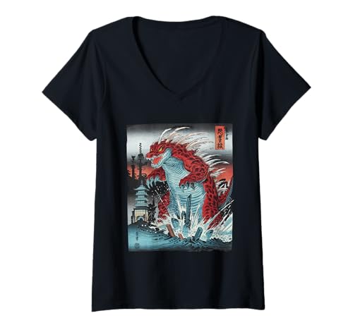 Damen Japanische Kaiju Tshirt Monster Art Men Jungen Kinder T-Shirt mit V-Ausschnitt von Japanisch Shirt Ukiyo-e Art Kaiju Monster