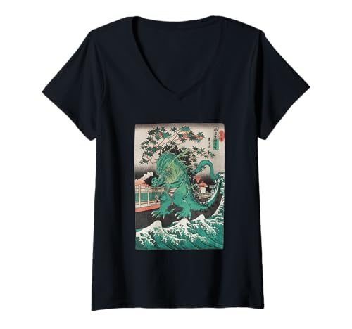 Damen Japanische Kaiju Tshirt Monster Art Men Jungen Kinder T-Shirt mit V-Ausschnitt von Japanisch Shirt Ukiyo-e Art Kaiju Monster