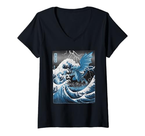 Damen Japanische Kaiju Tshirt Monster Art Men Jungen Kinder T-Shirt mit V-Ausschnitt von Japanisch Shirt Ukiyo-e Art Kaiju Monster