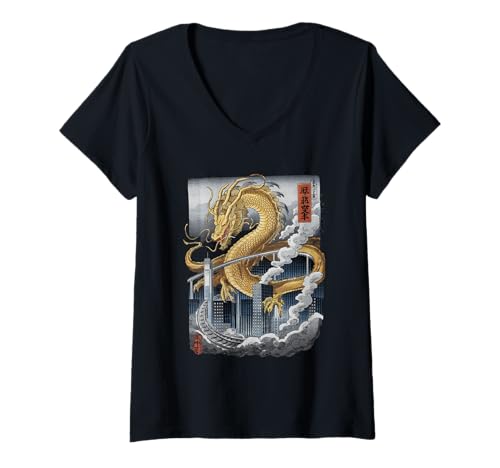Damen Japanische Kaiju Tshirt Monster Art Men Jungen Kinder T-Shirt mit V-Ausschnitt von Japanisch Shirt Ukiyo-e Art Kaiju Monster