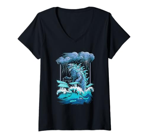 Damen Japanische Kaiju Tshirt Monster Art Men Jungen Kinder T-Shirt mit V-Ausschnitt von Japanisch Shirt Ukiyo-e Art Kaiju Monster