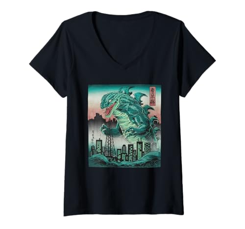 Damen Japanische Kaiju Tshirt Monster Art Men Jungen Kinder T-Shirt mit V-Ausschnitt von Japanisch Shirt Ukiyo-e Art Kaiju Monster