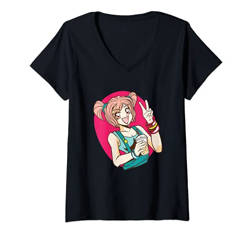 Damen Süßes Anime Schulmädchen trinkt Bubble Tea Manga Motiv T-Shirt mit V-Ausschnitt von Japanische Anime und Manga Kleidung & Accessoires