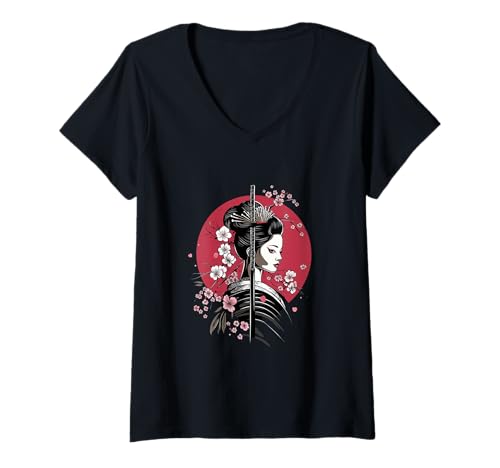Damen Japanische Geisha mit Sakura und Kirschblüten T-Shirt mit V-Ausschnitt von Japanische Geisha mit Sakura und Kirschblüten