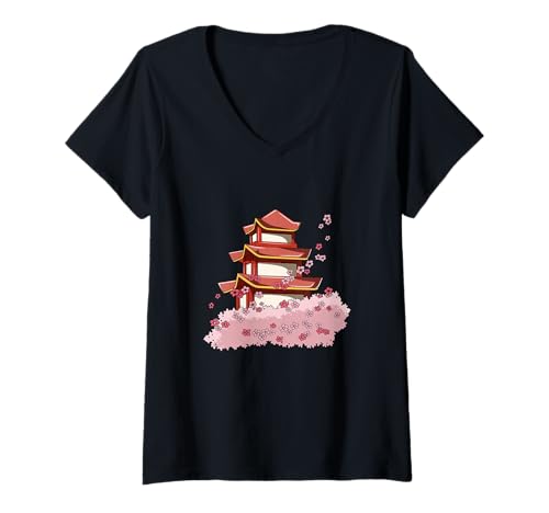 Damen Zen-Tempel Japan T-Shirt mit V-Ausschnitt von Japanische Geschenkidee