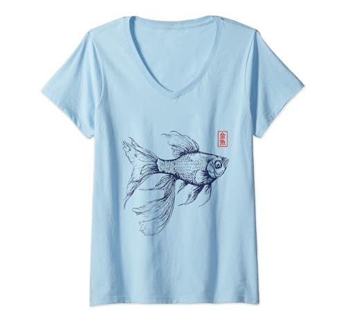 Damen Japanischer Ästhetik asiatischer Vintage Goldfisch T-Shirt mit V-Ausschnitt Damen Japanischer Ästhetik asiatischer Vintage Goldfisch T-Shirt mit V-Ausschnitt von Japanische Kanji-Anime-Japan-Kunst