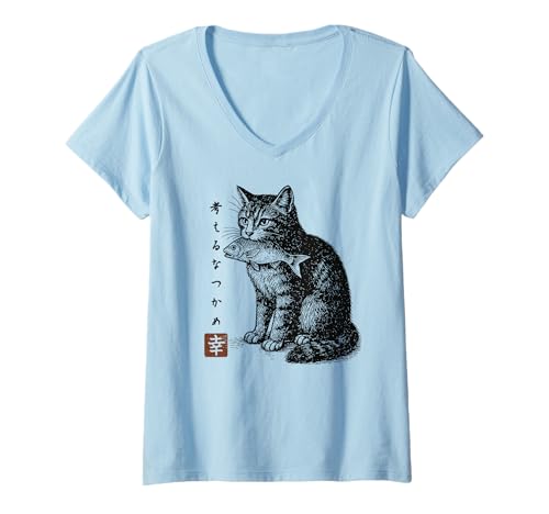 Damen Witzige Japanische Katze mit Fisch, Kanji T-Shirt mit V-Ausschnitt von Japanische Katze, Kanji Mode