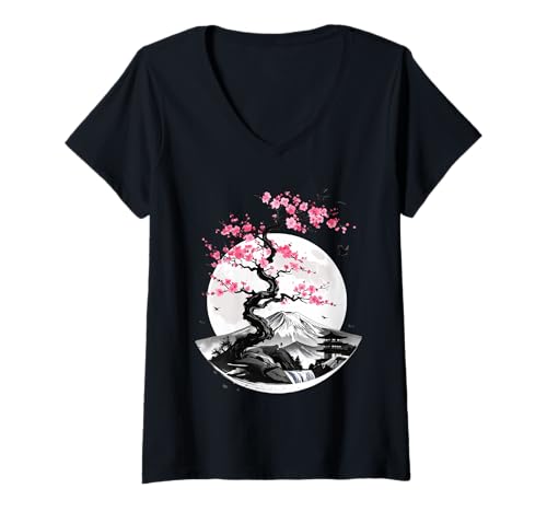 Damen Japanische Kirschblüte T -Shirt Männer Frauen Sakura Moon T-Shirt mit V-Ausschnitt von Japanische Kirschblüte Sakura Fuji für Männer