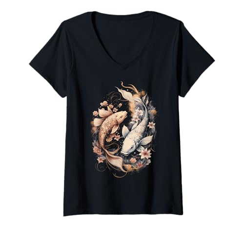 Damen Koi Fisch Sakura T-Shirt mit V-Ausschnitt von Japanische Koi-Fische