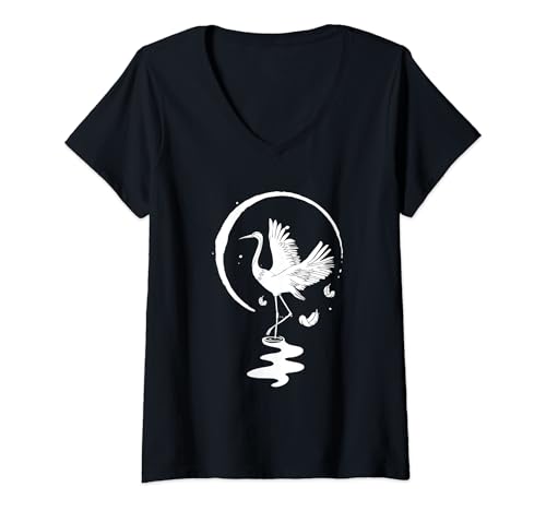 Damen Kranich Origami Storch Vogel Japanisch Vogelliebhaber T-Shirt mit V-Ausschnitt Damen Kranich Origami Storch Vogel Japanisch Vogelliebhaber T-Shirt mit V-Ausschnitt von Japanische Kultur Natur Kunst Vögel Tier Geschenk