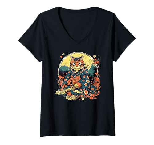 Damen Japanische Samurai Katze I Ninja Katze Japan T-Shirt mit V-Ausschnitt von Japanische Kunst I Geisha & Samurai I Damen Herren