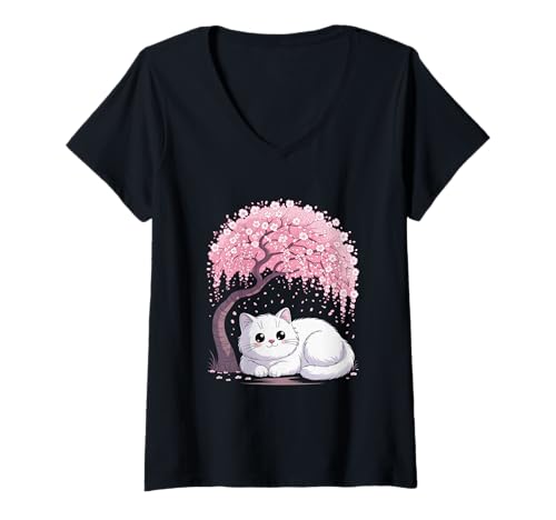 Damen Kirschblüten japanischer Baum und süße Katze Cherry Blossom T-Shirt mit V-Ausschnitt von Japanische Kunst Japan Kultur Outfits