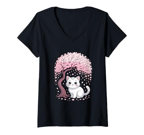 Damen Kirschblüten japanischer Baum und süße Katze Cherry Blossom T-Shirt mit V-Ausschnitt von Japanische Kunst Japan Kultur Outfits