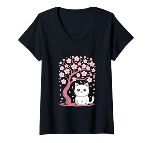 Damen Kirschblüten japanischer Baum und süße Katze Cherry Blossom T-Shirt mit V-Ausschnitt von Japanische Kunst Japan Kultur Outfits