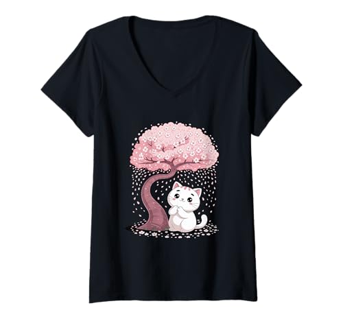 Damen Kirschblüten japanischer Baum und süße Katze Cherry Blossom T-Shirt mit V-Ausschnitt von Japanische Kunst Japan Kultur Outfits