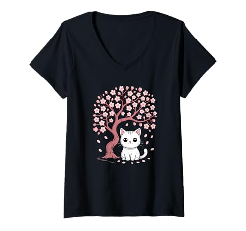 Damen Kirschblüten japanischer Baum und süße Katze Cherry Blossom T-Shirt mit V-Ausschnitt von Japanische Kunst Japan Kultur Outfits