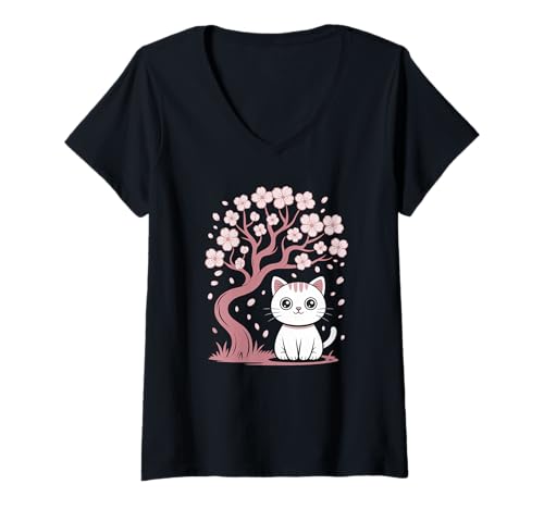 Damen Kirschblüten japanischer Baum und süße Katze Cherry Blossom T-Shirt mit V-Ausschnitt von Japanische Kunst Japan Kultur Outfits