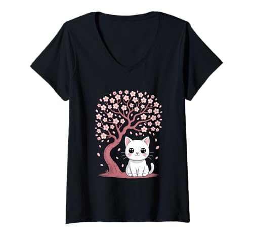 Damen Kirschblüten japanischer Baum und süße Katze Cherry Blossom T-Shirt mit V-Ausschnitt von Japanische Kunst Japan Kultur Outfits