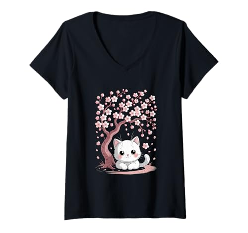 Damen Kirschblüten japanischer Baum und süße Katze Cherry Blossom T-Shirt mit V-Ausschnitt von Japanische Kunst Japan Kultur Outfits