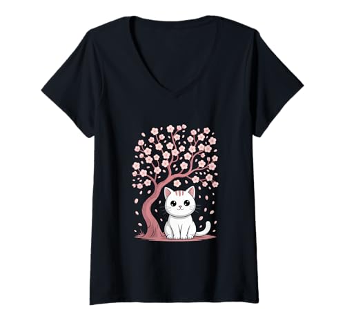 Damen Kirschblüten japanischer Baum und süße Katze Cherry Blossom T-Shirt mit V-Ausschnitt von Japanische Kunst Japan Kultur Outfits