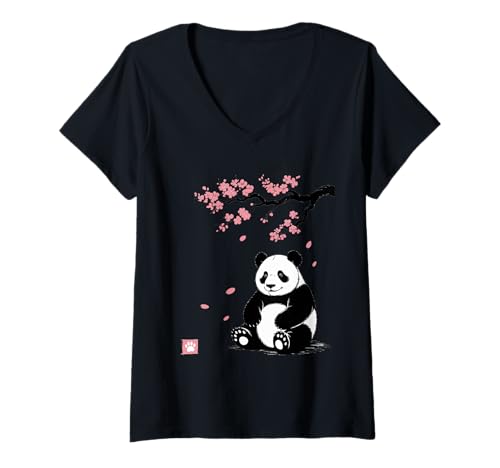 Damen Panda Kirschblüten Cherry Blossom Japanese Pandabär Japan T-Shirt mit V-Ausschnitt von Japanische Kunst Japan Kultur Outfits