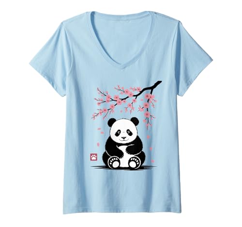 Damen Panda Kirschblüten Cherry Blossom Japanese Pandabär Japan T-Shirt mit V-Ausschnitt von Japanische Kunst Japan Kultur Outfits