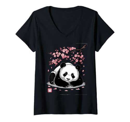 Damen Panda Kirschblüten Cherry Blossom Japanese Pandabär Japan T-Shirt mit V-Ausschnitt von Japanische Kunst Japan Kultur Outfits