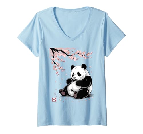 Damen Panda Kirschblüten Cherry Blossom Japanese Pandabär Japan T-Shirt mit V-Ausschnitt von Japanische Kunst Japan Kultur Outfits