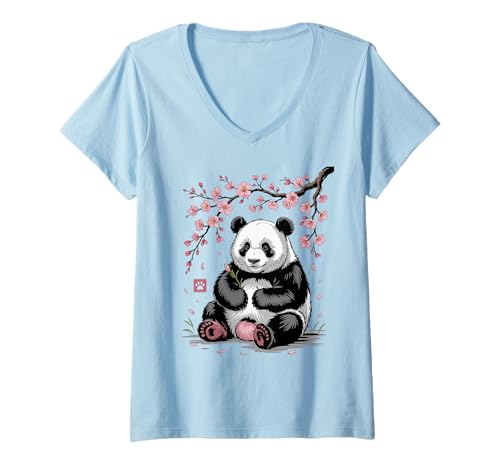 Damen Panda Kirschblüten Cherry Blossom Japanese Pandabär Japan T-Shirt mit V-Ausschnitt von Japanische Kunst Japan Kultur Outfits