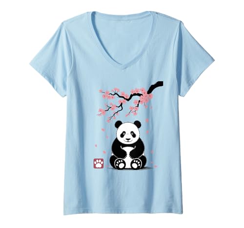 Damen Panda Kirschblüten Cherry Blossom Japanese Pandabär Japan T-Shirt mit V-Ausschnitt von Japanische Kunst Japan Kultur Outfits