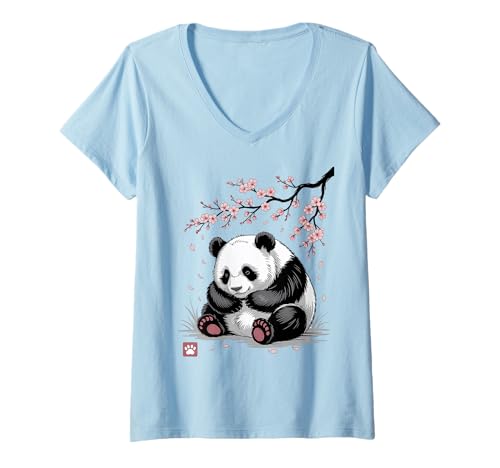 Damen Panda Kirschblüten Cherry Blossom Japanese Pandabär Japan T-Shirt mit V-Ausschnitt von Japanische Kunst Japan Kultur Outfits