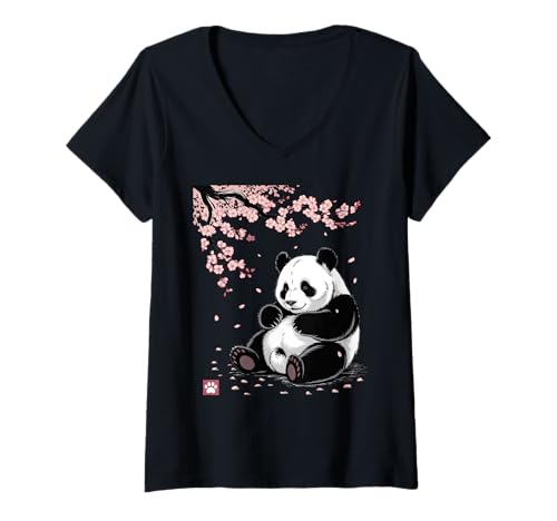Damen Panda Kirschblüten Cherry Blossom Japanese Pandabär Japan T-Shirt mit V-Ausschnitt von Japanische Kunst Japan Kultur Outfits