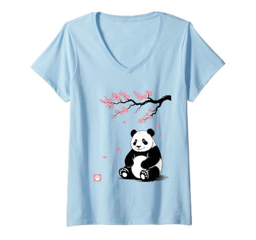 Damen Panda Kirschblüten Cherry Blossom Japanese Pandabär Japan T-Shirt mit V-Ausschnitt von Japanische Kunst Japan Kultur Outfits