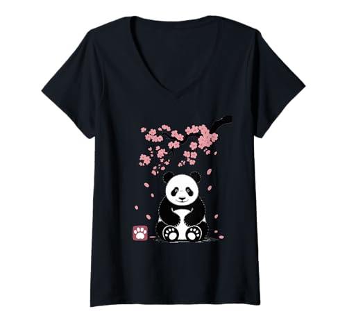 Damen Panda Kirschblüten Cherry Blossom Japanese Pandabär Japan T-Shirt mit V-Ausschnitt von Japanische Kunst Japan Kultur Outfits