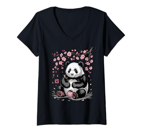 Damen Panda Kirschblüten Cherry Blossom Japanese Pandabär Japan T-Shirt mit V-Ausschnitt von Japanische Kunst Japan Kultur Outfits