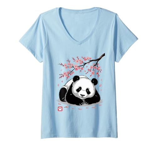 Damen Panda Kirschblüten Cherry Blossom Japanese Pandabär Japan T-Shirt mit V-Ausschnitt von Japanische Kunst Japan Kultur Outfits