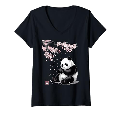 Damen Panda Kirschblüten Cherry Blossom Japanese Pandabär Japan T-Shirt mit V-Ausschnitt von Japanische Kunst Japan Kultur Outfits