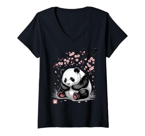Damen Panda Kirschblüten Cherry Blossom Japanese Pandabär Japan T-Shirt mit V-Ausschnitt von Japanische Kunst Japan Kultur Outfits