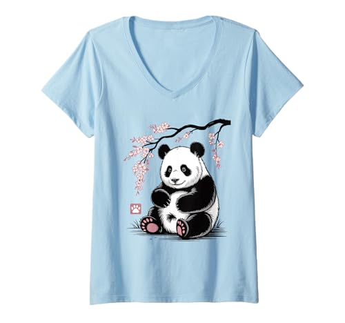 Damen Panda Kirschblüten Cherry Blossom Japanese Pandabär Japan T-Shirt mit V-Ausschnitt von Japanische Kunst Japan Kultur Outfits