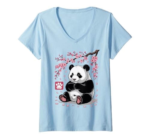 Damen Panda Kirschblüten Cherry Blossom Japanese Pandabär Japan T-Shirt mit V-Ausschnitt von Japanische Kunst Japan Kultur Outfits