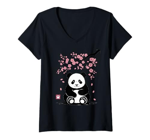 Damen Panda Kirschblüten Cherry Blossom Japanese Pandabär Japan T-Shirt mit V-Ausschnitt von Japanische Kunst Japan Kultur Outfits