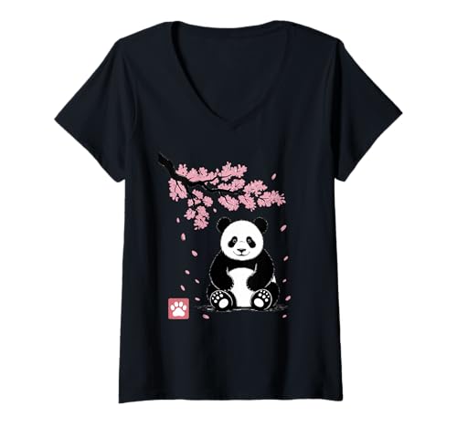 Damen Panda Kirschblüten Cherry Blossom Japanese Pandabär Japan T-Shirt mit V-Ausschnitt von Japanische Kunst Japan Kultur Outfits