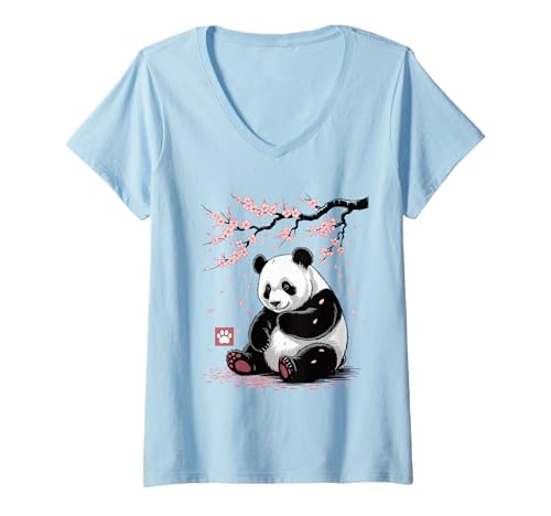 Damen Panda Kirschblüten Cherry Blossom Japanese Pandabär Japan T-Shirt mit V-Ausschnitt von Japanische Kunst Japan Kultur Outfits