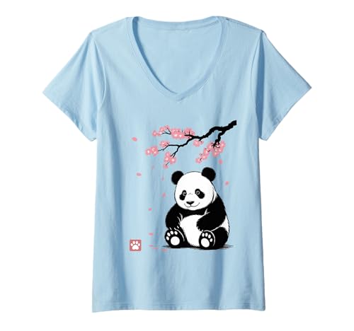 Damen Panda Kirschblüten Cherry Blossom Japanese Pandabär Japan T-Shirt mit V-Ausschnitt von Japanische Kunst Japan Kultur Outfits