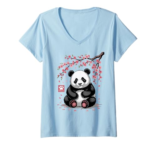 Damen Panda Kirschblüten Cherry Blossom Japanese Pandabär Japan T-Shirt mit V-Ausschnitt von Japanische Kunst Japan Kultur Outfits