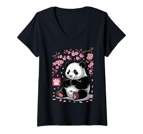 Damen Panda Kirschblüten Cherry Blossom Japanese Pandabär Japan T-Shirt mit V-Ausschnitt von Japanische Kunst Japan Kultur Outfits