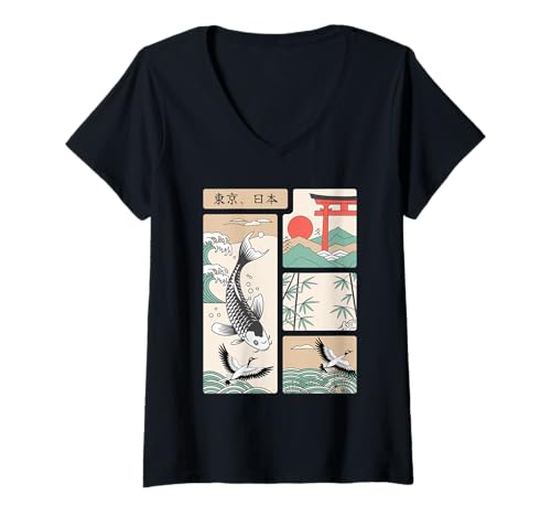 Damen Tokio Japan Koi Kranich Torii Berge Montage 東京、日本 Kultur T-Shirt mit V-Ausschnitt Damen Tokio Japan Koi Kranich Torii Berge Montage 東京、日本 Kultur T-Shirt mit V-Ausschnitt von Japanische Kunst Koi Kranich Torii Montage